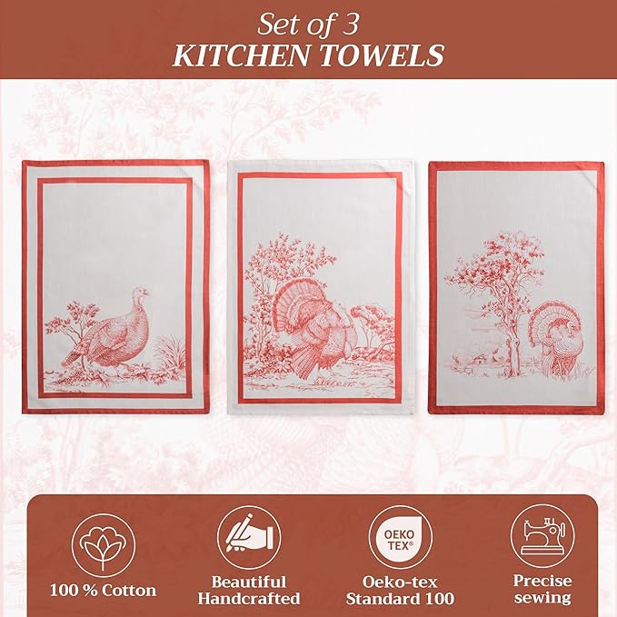 Maison d' Hermine Kitchen Towels Set of 3 100% Cotton 20" x 27.5" Reusable Cloth Tea Dish Towels Absorbent with Hanging Loop for Kitchen Dining Thanksgiving Christmas Decorations (Holy Jouy - Red)