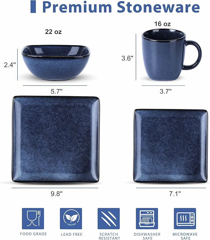 LIANYU 16 Piece Square Dinnerware Sets with Coffee Cups, Ceramic Plates and Bowls Sets for 4, Dinner Dishes for Kitchen Dining, Microwave & Dishwasher Safe, Sapphire Blue