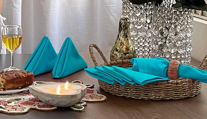 Bedding Craft Cotton Cloth Dinner Napkins Set of 12 – 18x18 Teal Hemstitched with Decorative Selvedge Holes & Mitered Corners – Reusable Machine Washable Fabric Napkins for Weddings & Dining