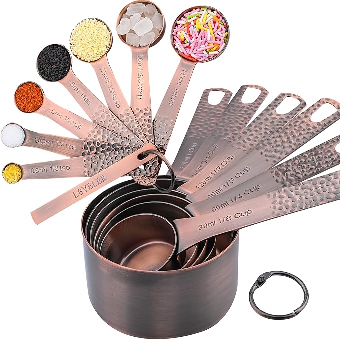 Copper Measuring Cups and Spoons Set - Stainless Steel 6 Cups, 7 Spoons, 1 Leveler, 2 Locking Rings - Kitchen Tool