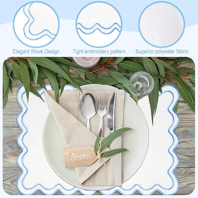 12 Set Linen Placemat 13x19 Wavy Embroidery Scalloped Placemat Double Layered Washable Farmhouse Dinner Table Mat Fabric Napkin for Christmas Hotel Restaurant Wedding Party(Sky Blue)