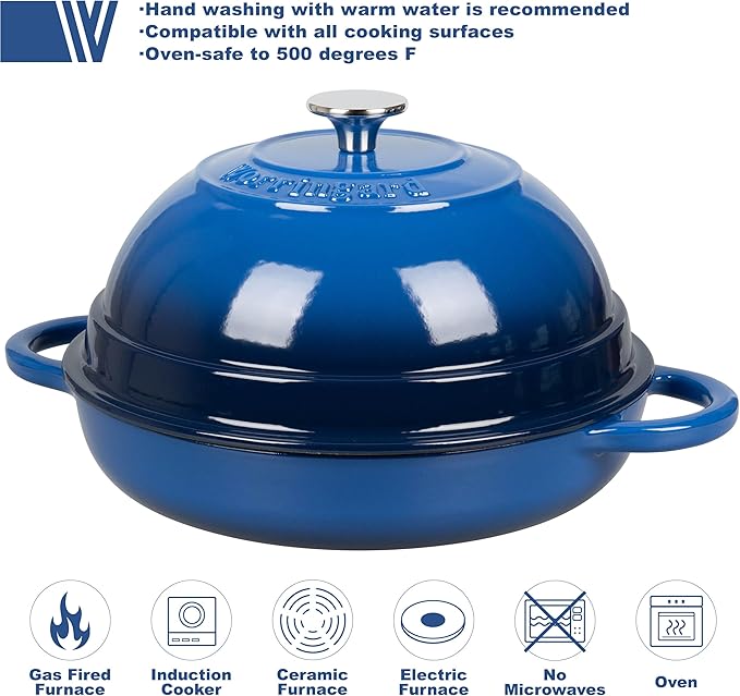 Cast Iron Enameled Dutch Oven Pot with Lid for Bread Baking, Bread Oven, 6 Quart, Blue