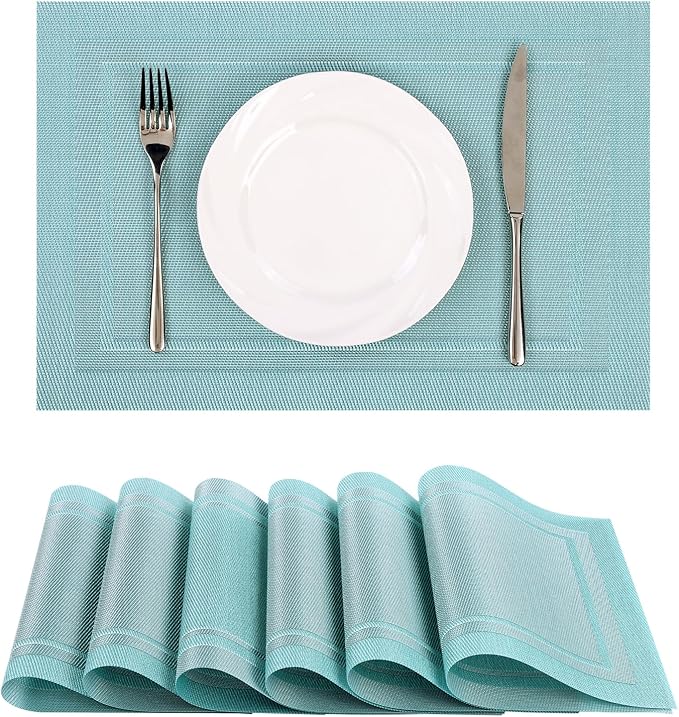 SHACOS Woven Vinyl Placemats Set of 6 Wipe Clean Place Mats for Dining Table Heat Resistant PVC Weave Table Mats Indoor Outdoor (6, Frame Light Turquoise)
