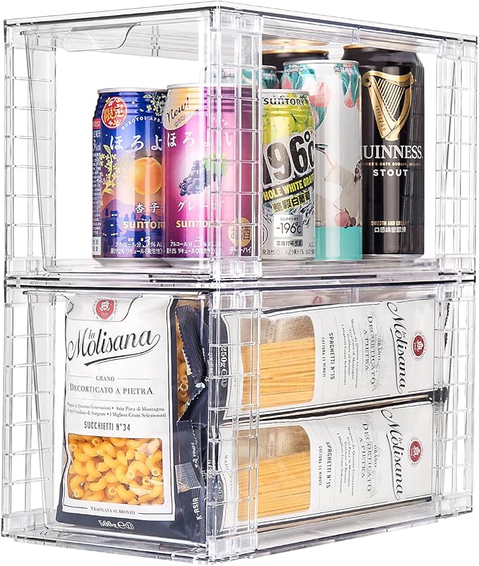 1Pack Large Stackable Kitchen Storage Drawers, Clear Foods Organizer Bins with Handles, Easily Assemble for Bathroom, Kitchen, Pantry, Cabinet, Closet(XL-UP Handle)