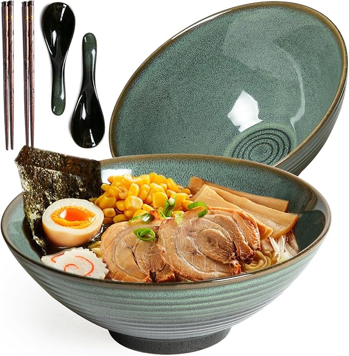 40 oz Ceramic Ramen Bowl Set of 2, Ramen Noodle Bowl with Spoons and Chopsticks 8 Inch Japanese Retro Style Large Soup, Pho, Udon Bowls, Microwave & Dishwasher Safe, Green