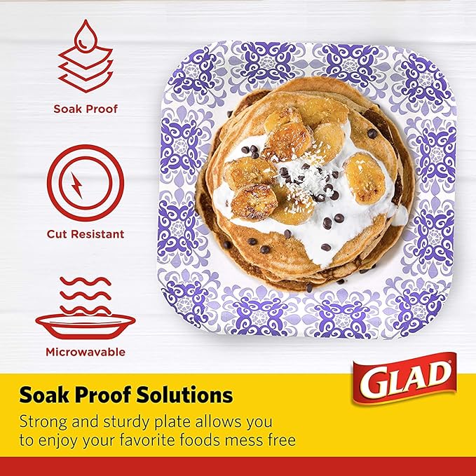 Glad Square Disposable Paper Plates, Purple Victorian Pattern - Strong, Sturdy, Soak Proof, and Microwavable Decorative Plates for Dinner and Everyday Use, 8.5 Inch, 50 Count - 12 Pack