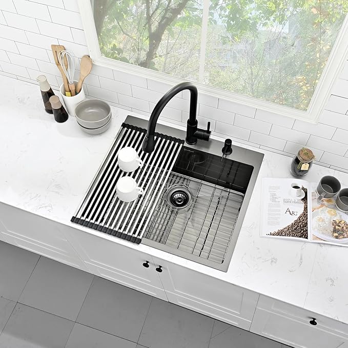 Drop In Kitchen Sink, 25 x 22 Inch Single Bowl Topmount Sink 16 Gauge T-304 Stainless Steel Gunmetal Black Kitchen Sinks