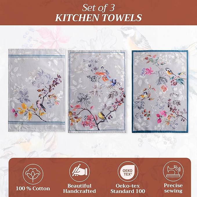 Maison d' Hermine Kitchen Towels Set of 3 100% Cotton 20" x 27.5" Reusable Cloth Tea Dish Towels Absorbent with Hanging Loop for Kitchen Dining Thanksgiving Christmas Decorations (Equinoxe - Grey)