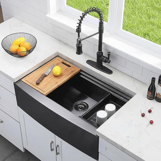 33 inch Black Farmhouse Sink, 16 Gauge Double Ledges Stainless Steel Farmhouse Kitchen Workstation, Apron Front Deep Single Bowl Kitchen Farm Farmer Style Sinks 33"x20"x9