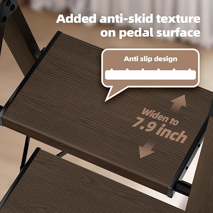 HillhutApex 3 Step Foldable Aluminum Step Ladder with Handgrip, Anti-Slip Pedal, 330lbs Capacity, Lightweight & Portable for Home, Kitchen, Office, Garage (Walnut)