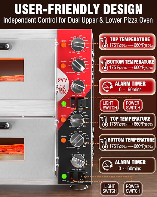PYY Indoor 16in Pizza Oven - Double Decker Electric Pizza Ovens Countertop with Pizza Stone, 60-Min Ring Timer, for Home and Restaurant Commercial, 3200W, ETL Listed
