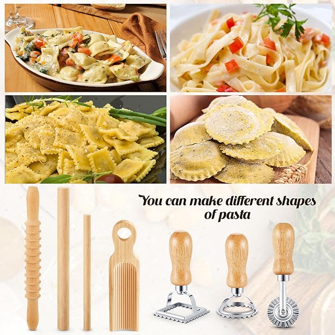 Tioncy 7 Pcs Pasta Making Tool Set Wood Gnocchi Board with Ravioli Stamp Ravioli Maker and Rolling Pin Homemade Gnocco Maker Kitchen Gift for Christmas Baking Lovers(Curved Gnocchi Board Set)