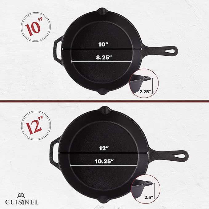 Cuisinel Cast Iron Skillets Set - 10" + 12"-Inch Pre-Seasoned Frying Pans + Removable Silicone Handle Holder Grips + Pan Scraper - Oven-Safe Cookware Kit + Accessories + Handle Helper
