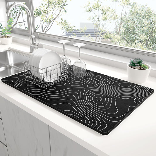 Rnivvi Dish Drying Mat for Kitchen Counter, XL 15 x 24" Cute Marble Super Absorbent Draining Pad, Non-Slip Heat Resistant Coffee Bar Mats for Coffee Machine Station Accessories, Line Art Dish Rack Pad