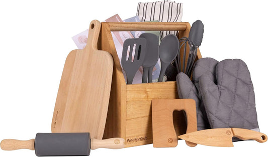 WeeSprout Little Chef Kids Cooking & Baking Set, 14 Piece Cooking Set with Real Kitchen Tools & Kids Apron, Baking Gift for Girls, Boys & Junior Chefs, Food Grade Materials, Choice of Colors