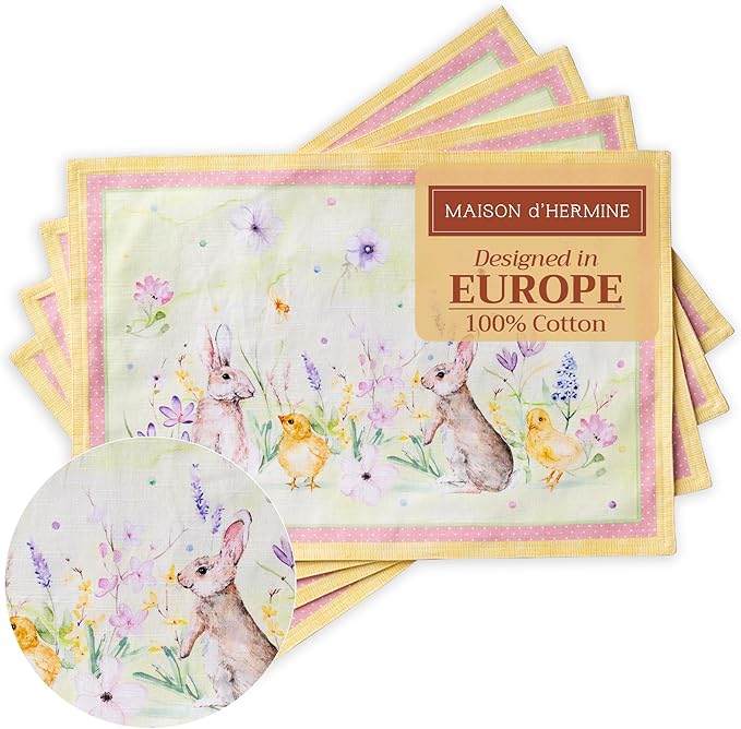 Maison d' Hermine Placemats Set of 4 100% Cotton Washable Cloth Place Mats, Reusable Table Mats for Kitchen Dining Decoration, Party, Wedding, Restaurant Spring/Summer (Easter Zest, 13" x 19")