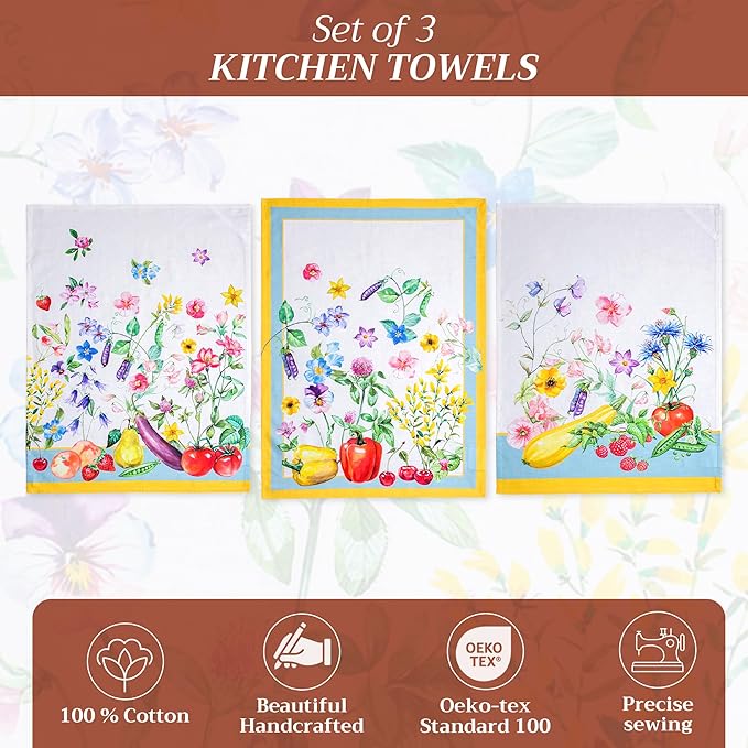Maison d' Hermine Kitchen Towels Set of 3 100% Cotton 27.50" x 20" Reusable Cloth Tea Dish Towels Absorbent with Hanging Loop for Kitchen, Home, Dining, Cocktail Parties Spring/Summer (Giverny)