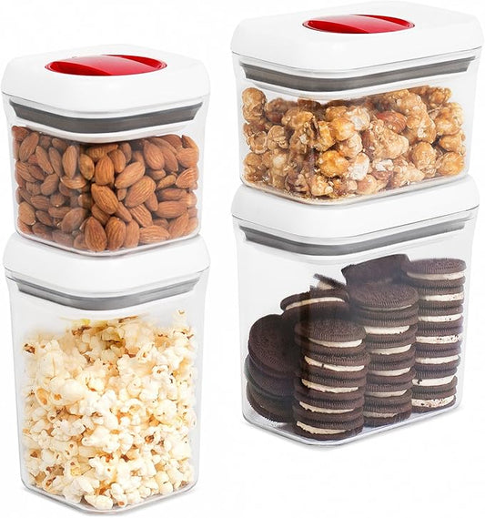 INTERNET'S BEST Spin Lock Airtight Kitchen Canisters - Food Storage Containers with Twist Lock for Sugar, Flour, Pasta, Nuts - Stackable Design - 2 Rectangular & 2 Square Clear Plastic Bins - Set of 4