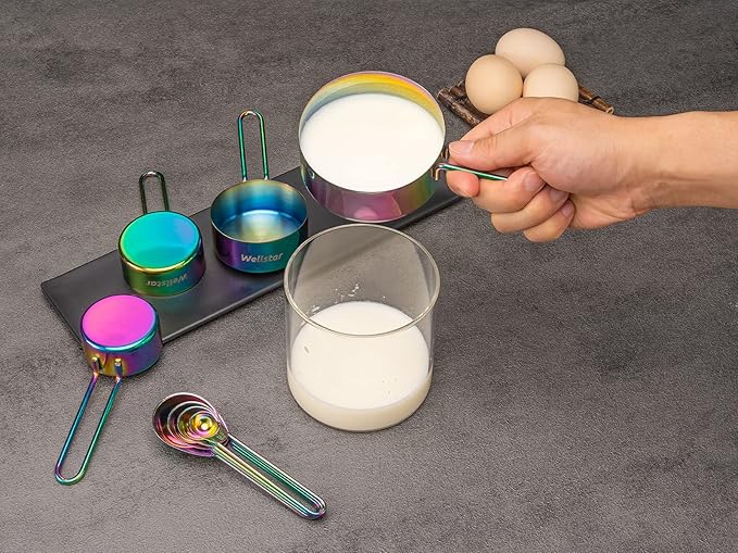 WELLSTAR Measuring Cups and Spoons Set of 8, Food Grade 18/8 Stainless Steel Measure set for Dry Liquid Measurement, Rainbow Titanium Coated Kitchen Gadgets for Cooking Baking, 4 Cup and 4 Spoon