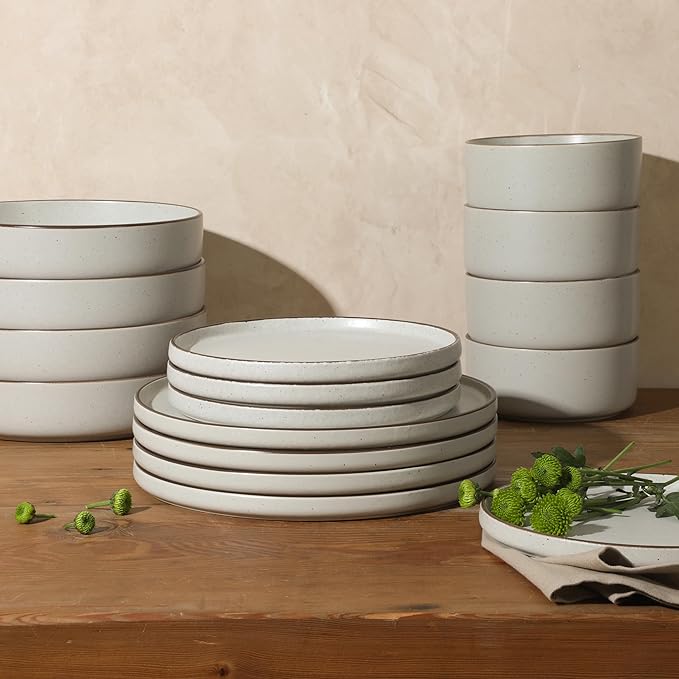 Gibson Elite Gelston Stoneware Matte Reactive Glaze 16 Piece (Service for 4) Plates and Bowl Dinnerware Set - Cream