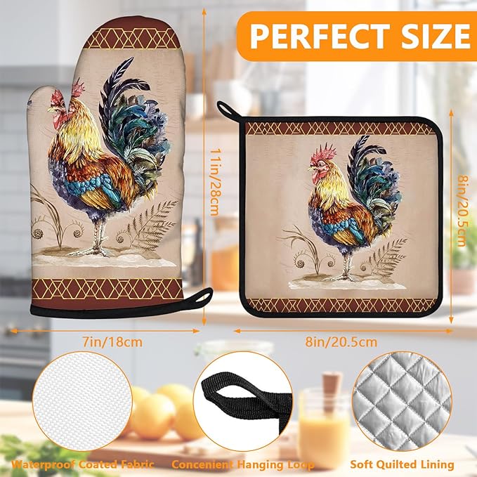Rooster Oven Mitts and Pot Holders Sets 4Pcs,Extra Long Oven Gloves Potholder for Kitchen Cooking Baking BBQ 100% Cotton Heat Resistant