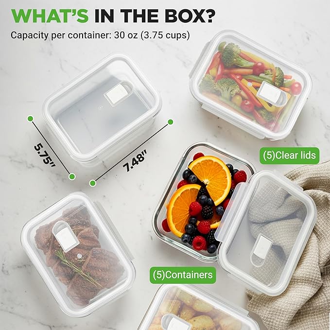 NutriChef 10-Piece Superior Glass Food Storage Containers Set (5 Containers + 5 Locking Lids),Stackable Meal-prep Design, BPA-free Airtight Clear Locking lids with Vent Lids & Air Hole, NCCLX5