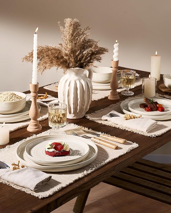 Stoneware Dinnerware Sets, Plate and Bowl Sets for 6, 18 Pieces Spiral Flared Dishware Set with Speckles & Reactive Glaze - Microwave and Dishwasher Safe Tableware, Shell Beige