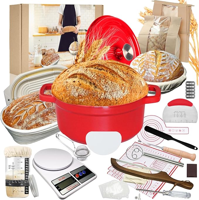 4 Color Complete sourdough bread makin Starter Kit,Sourdough Bread Baking Supplies for Beginner with Pot, Banneton Bread Proofing Baskets, Starter Jar, Scraper, Bread Making Tools & More (Red)