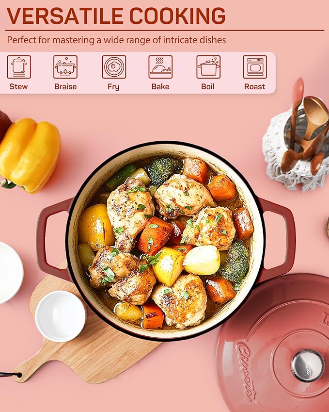 Enameled Cast Iron Dutch Oven – 6 Quart Pot with Lid & Potholders – Heavy-Duty Cookware for Bread Baking, Braising, Stews & Roasting – Oven & Stovetop Safe up to 500°F – Red