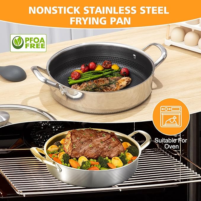 Saute Pan,10 Inch Nonstick Deep Frying Pan,316L Stainless Steel Sauté Pan with Lid,Induction Cooking Pan,PFOA Free Cookware,Dishwasher & Oven Safe
