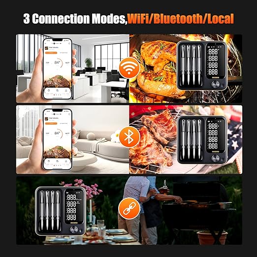 4-Probe WiFi Wireless Meat Thermometer with 360°Readable LCD Standalone Base, WiFi and Bluetooth 5.3 Unlimited Range, IPX8 Waterproof Food Kitchen Thermoemter for BBQ, Grill, Smoker, Oven, Rotisserie