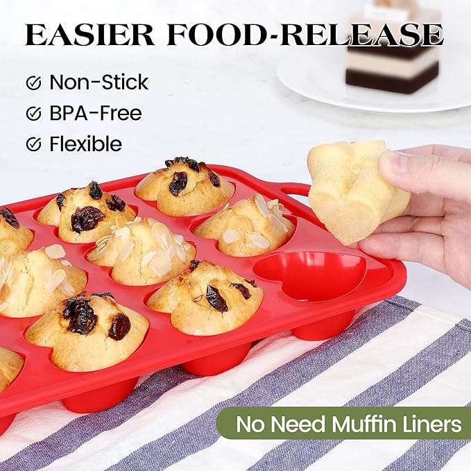 1 Pc Heart Shaped Muffin Pan with Metal Reinforced Frame 12 Cup Nonstick Silicone Heart Cake Mold for Baking 2.5 Inch Cupcake Tray (Red)