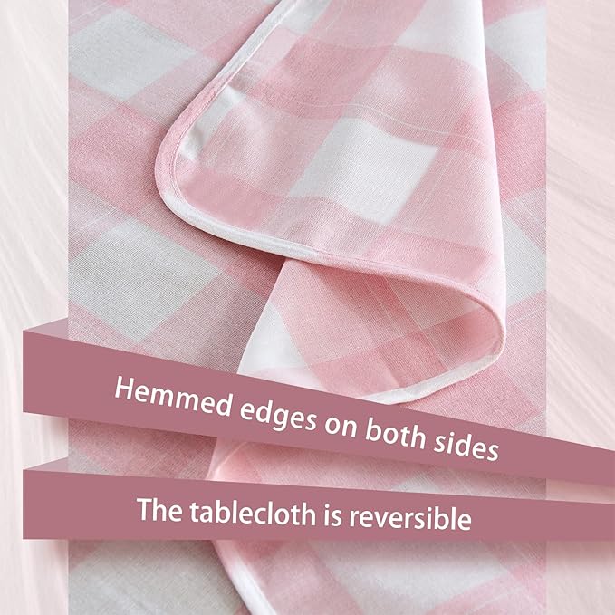 Yarn Dyed Cotton Blend Table Cloth Rectangle Table Cover 55x71 Inches Waterproof Indoor/Outdoor Pink and White Checkered Gingham Rectangle Tablecloth for Dining Room BBQs Buffet Camping