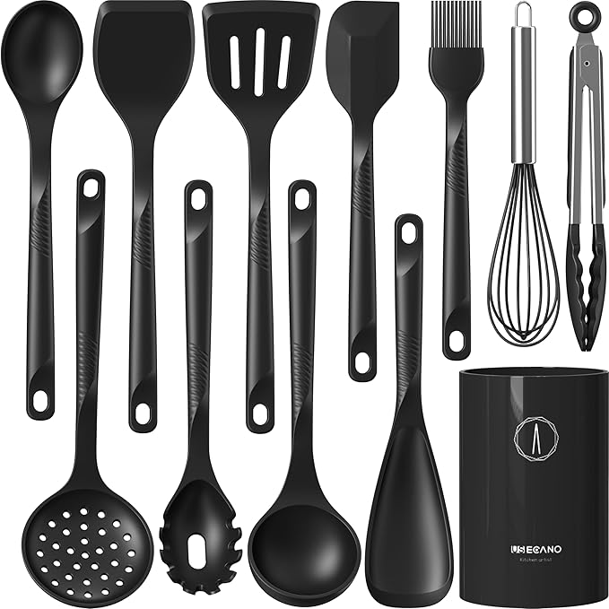 Silicone Cooking Utensils Set - 600°F Heat Resistant, Nonstick Kitchen Utensil Set with Spatulas, Spoons, Whisk, Tongs, BPA Free, Dishwasher Safe, Black