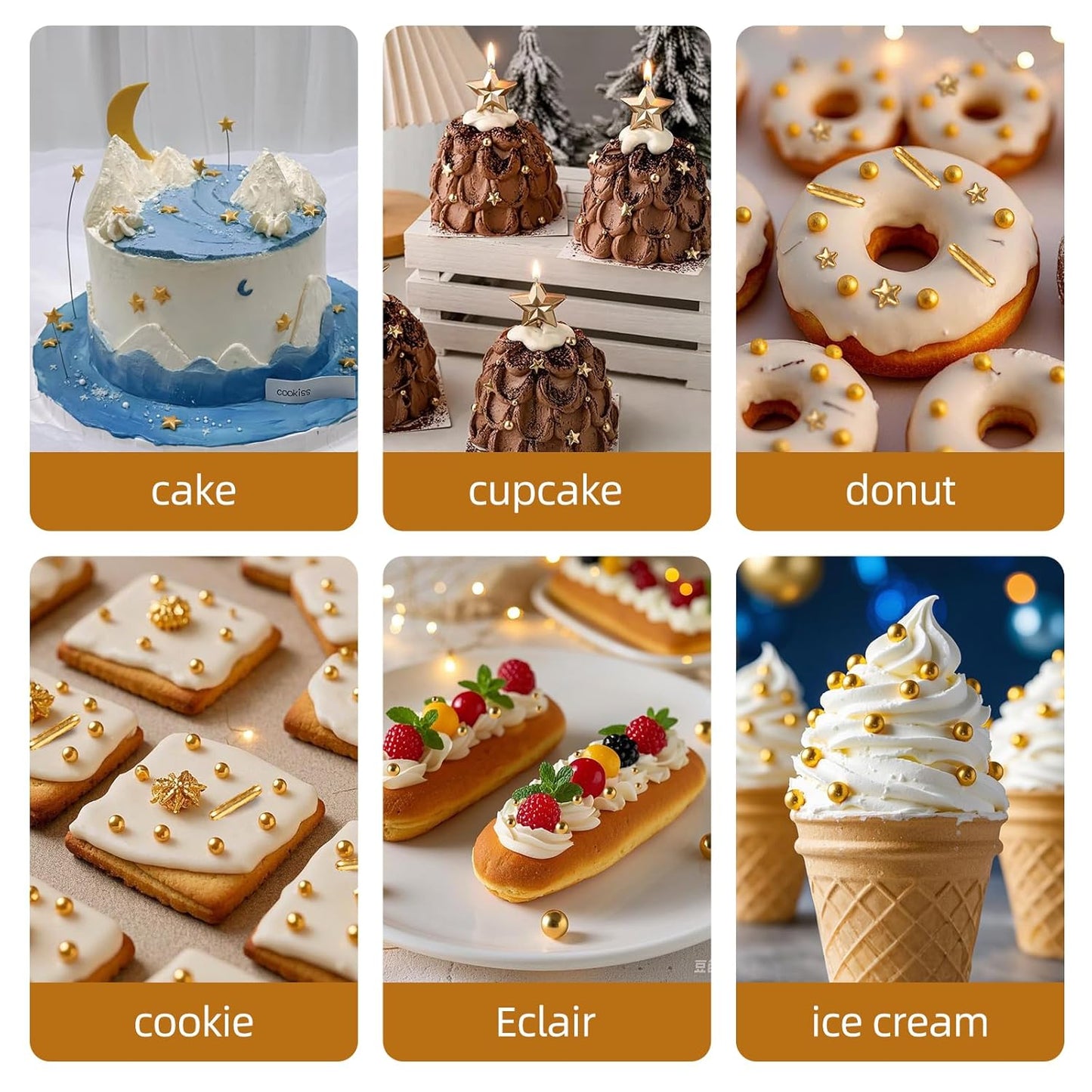 Gold Pearl Sprinkles,Edible Pearl Stars Rods Sugar Candy,Mix Size,Baking Cake Decorations,Cupcake Toppers,Cookie Donuts Ice Cream,Holiday,Birthday Wedding Party Valentines Christmas Supplies,130g/4.58oz