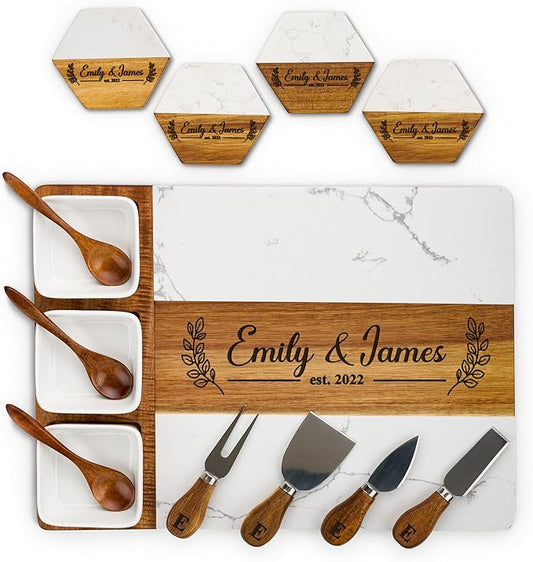 AWESOMETIK Personalized Acacia Wood & Marble Charcuterie Board – Custom Engraved Cheese Board with Knife Set – Perfect Wedding & Housewarming Gift