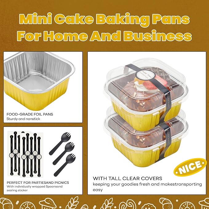 60 Pack Mini Cake Pans with Lids Square Mini Aluminum Pans Pie Tins Flan Containers for Wedding Birthday Party Gift (5OZ, Gold)