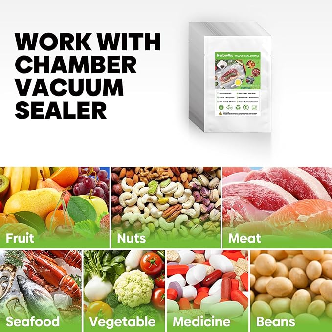 Chamber Vacuum Sealer Bags 200PCS Quart 8"x12",Heavy Duty Pre-Cut Vacuum Chamber Pouches for Food Storage,Sous Vide or Meal Prep,BPA-Free Thick Seal a meal bag for Commercial Sealer Machine