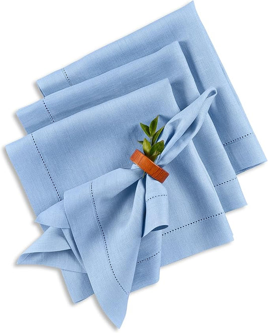 Solino Home Linen Cloth Napkins Set of 4-100% Pure Linen Cornflower Blue Dinner Napkins 20 x 20 Inch - Classic Hemstitch, Handcrafted and Machine Washable - Christmas, Holiday