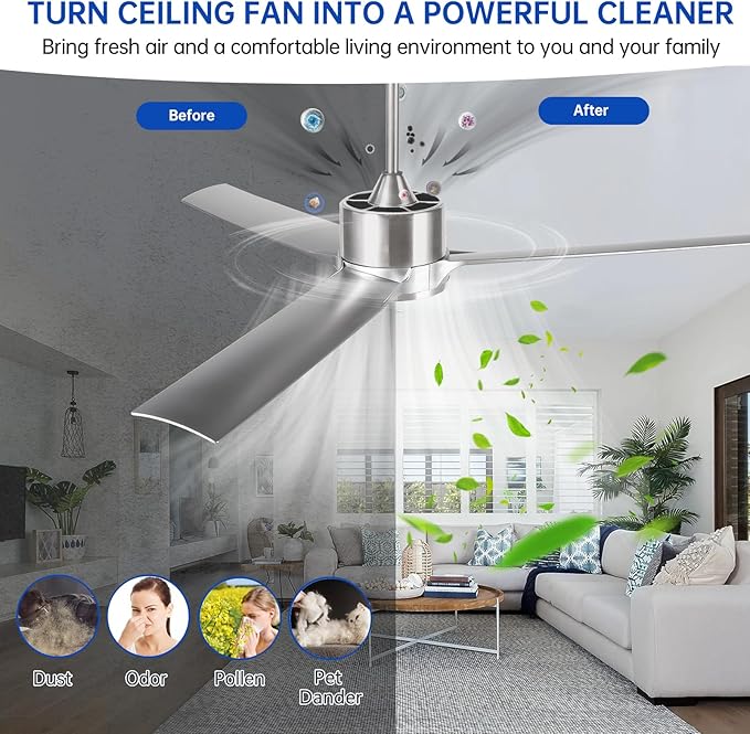 52 Inch Modern Silver Ceiling Fan with Filters Lights Remote Control, Quiet DC Motor/Dimmable 3 Color LED/6 Speed High CFM/3 Blade Indoor Ceiling Fans for Bedroom/Living Room