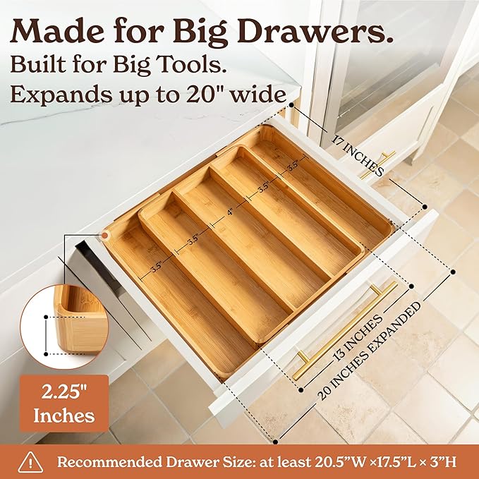 SMIRLY Silverware Drawer Organizer – Bamboo Kitchen Drawer Organizer, Adjustable Utensil Holder and Cutlery Tray, Drawer Dividers for Flatware and Kitchen Utensils