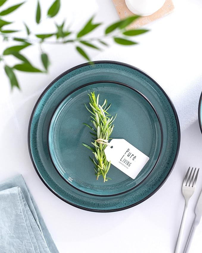 Stoneware pasta bowls set 8 pcs – 7.7" dark petrol blue ceramic plates & salad bowls – Dishwasher and microwave safe – Large soup bowls stylish set – Dinner service Pure Living