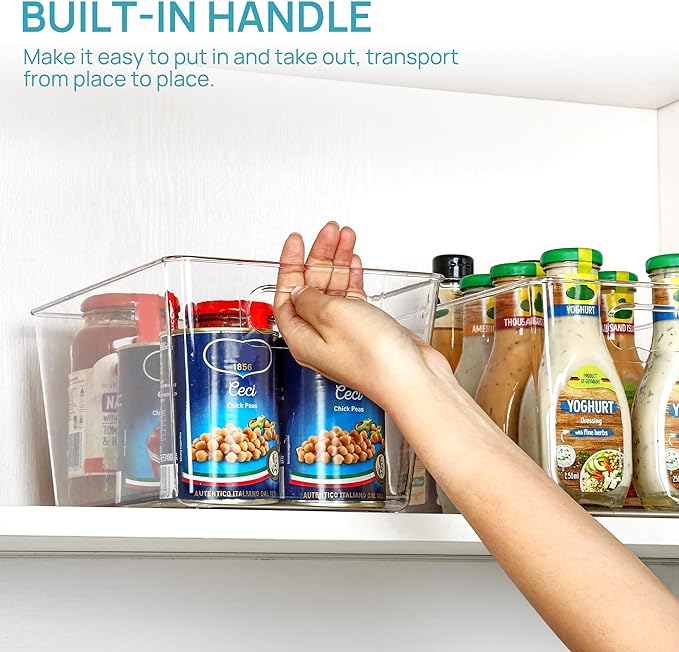 Vtopmart Clear Plastic Pantry Organizer Bins, 4 PCS Food Storage Bins with Handle for Refrigerator, Fridge, Cabinet, Kitchen, Countertops, Cupboard, Freezer Organization and Storage, BPA Free, Large