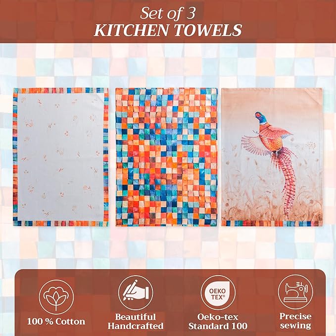 Maison d' Hermine Kitchen Towels Set of 3 100% Cotton 20" x 27.5" Reusable Cloth Tea Dish Towels Absorbent with Hanging Loop for Kitchen Dining Thanksgiving Christmas Decorations (Faisan D'Automne)