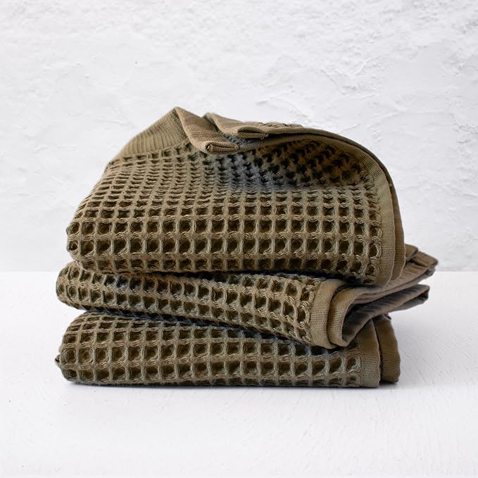 PÜSKÜL Organic Waffle Kitchen Towel 100% Turkish Cotton Set of 3 Khakie Green - Premium Quality, Soft, Quick-Dry, Absorbent, Lint-Free Hand Towels 32X16 Inches (3, Khaki Green)