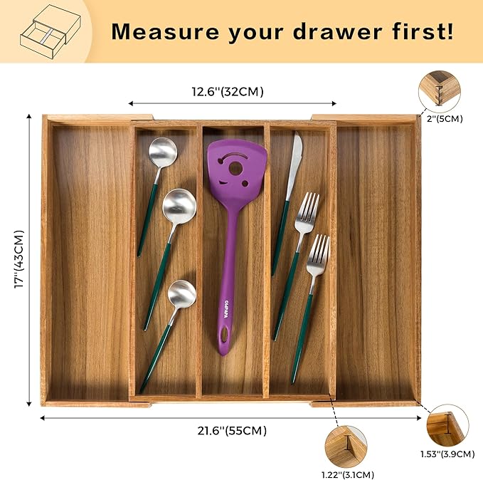 Utoplike Acacia Kitchen Drawer Organizer Expandable, Large Utensils and Cutlery Tray, Adjustable Silverware Divider for Knives Flatware
