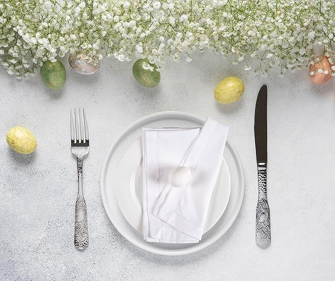 Ramanta Home Set of 12 Polyester Cloth Napkins 20x20 Inches - Hemstitched Washable Dinner Napkins for Weddings, Thanksgiving, Hotel - Soft Durable Table Linen for Parties or Everyday Use - White