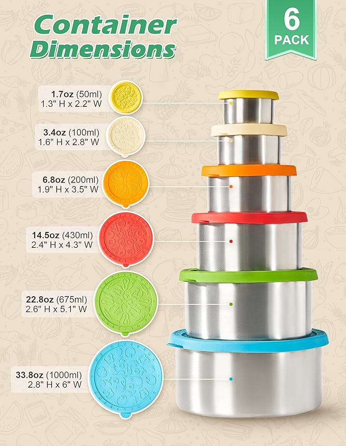 Stainless Steel Food Container with Lids, 6pcs stackable Metal Lunch Box Container for Kids, Daycare, School, Travel | leakproof Sauce Salad Dressing Container to go, From 1.7oz to 33.8oz