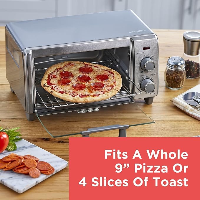BLACK+DECKER Crisp 'N Bake Air Fry Countertop Convection Toaster Oven, Medium Capacity, 4-Slice, 5-in-1, Fits 9” Pizza, 30-Min Timer, Bake, Broil, Air Fry, Toast, Keep Warm, Stainless Steel