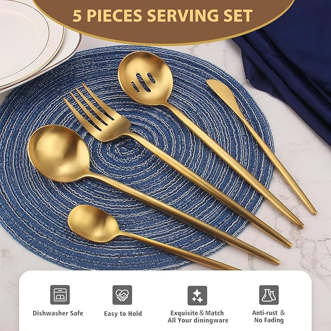 Matte Gold Serving Set，Oliviola 5-Piece Stainless Steel Large Hostess Set with Round Edge, Satin Finished, Dishwasher Safe -Large Spoon, Large Fork,Butter Knife，Sugar Spoon & Slotted Spoon
